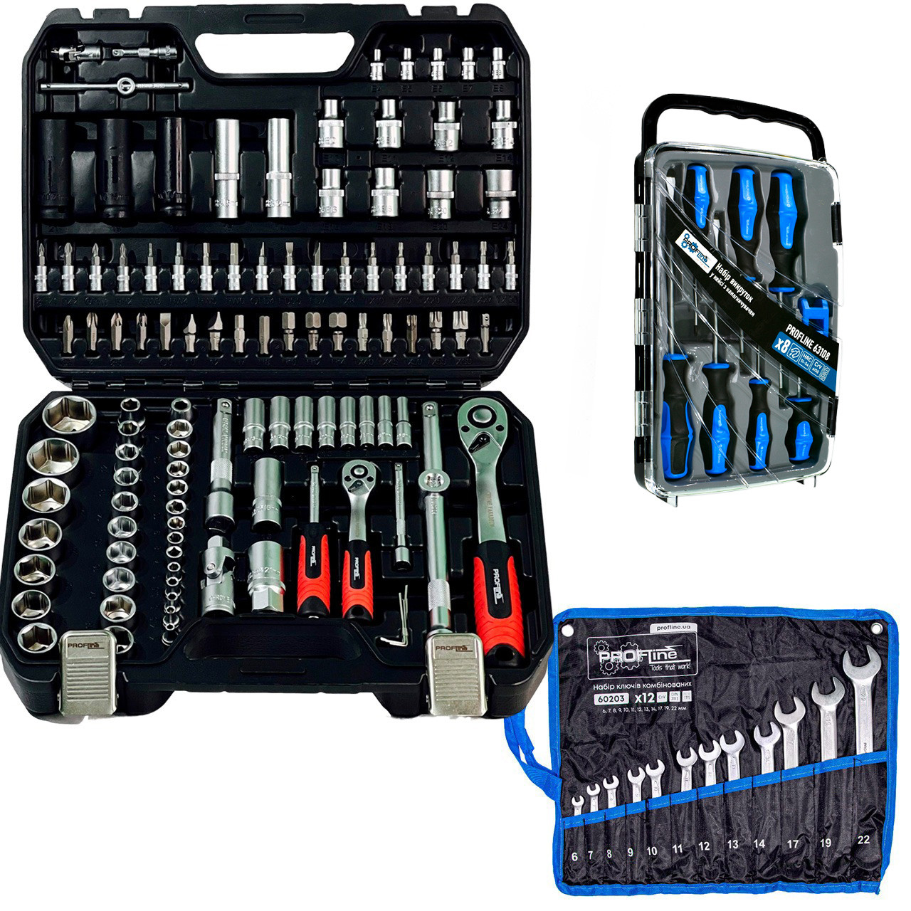 Набір інструментів 3в1 (Набір 111 од + набір ключів комбінованих на полотні 12 од + набір викруток професійних у кейсі 7 од з