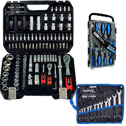 Набір інструментів 3в1 (Набір 111 од + набір ключів комбінованих на полотні 12 од + набір викруток професійних у кейсі 7 од з, фото 1