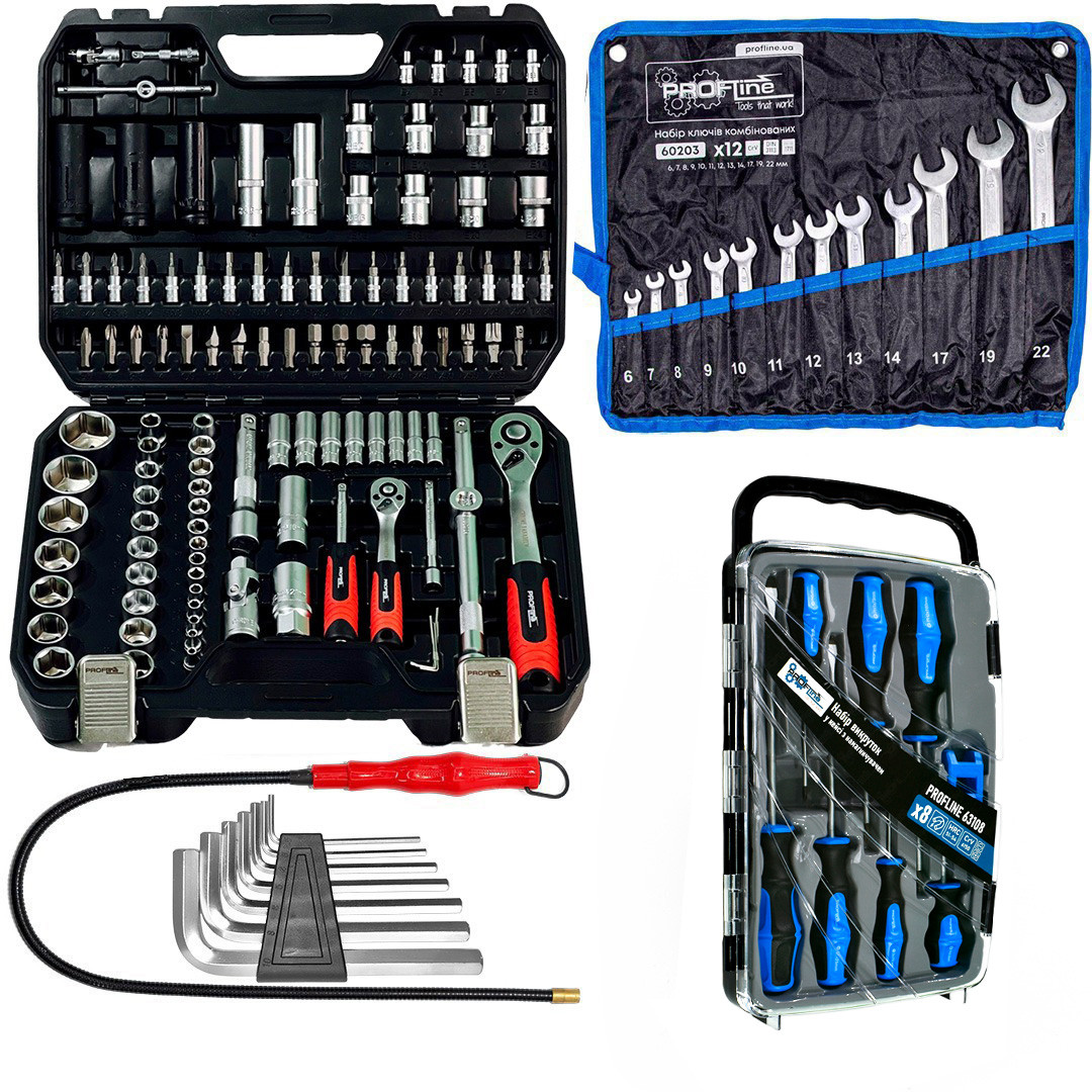 Набір інструментів 5в1 (набір інструменту 111 од + нaбіp шecтигpaнників Г-пoдібниx 7 oд + набір ключів комбінованих на полотні 12