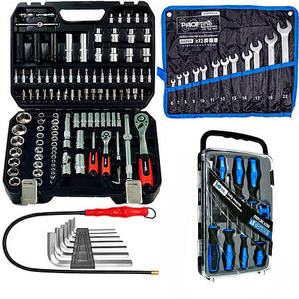 Набір інструментів 5в1 (набір інструменту 111 од + нaбіp шecтигpaнників Г-пoдібниx 7 oд + набір ключів комбінованих на полотні 12, фото 1