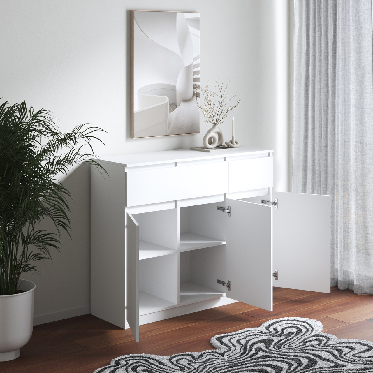 Комод із 3 шухлядами та 3 дверцятами з ламінованого ДСП Сучасні комоди у вітальню з 6 закритими поличками, фото 1