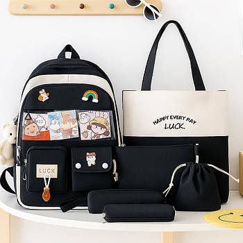 Шкільний рюкзак для дівчинки 5в1, Чорний / Шкільний підлітковий рюкзак / Шкільний комплект для дівчинки