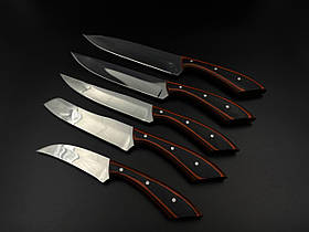 Набір кухонних ножів ручної роботи «Лисячий хвіст #5» чорна мікарта, 65Х13/57 HRC