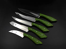 Набір кухонних ножів ручної роботи «Лисячий хвіст #5» зелена мікарта, 65Х13/57 HRC
