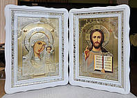 Иконы Спаситель и Казанская для дома в белом деревянном фигурном киоте под стеклом, киот 39*29, сюжет 20*30