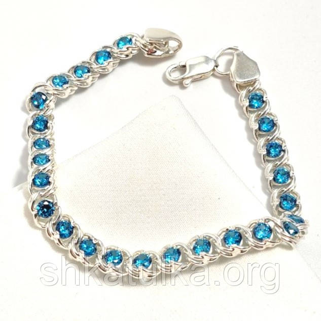 Браслет срібний Арабський Бісмарк з блакитними цирконами 17,5 см