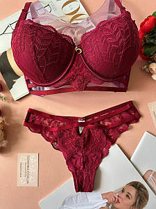 75/80/85C Молодіжний ажурний комплект білизни push-up бюстьє + танга бордовий