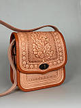 Жіноча шкіряна сумка ручної роботи з тисненим орнаментом «Дубок», пудрова сумка з натуральної шкіри, 20*21*8 см, фото 7