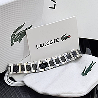 Чоловічий браслет на руку Lacoste сіро чорний стильний брендовий з нержавіючої сталі в подарунковій упаковці Лакоста