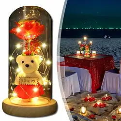 Кришталева троянда в колбі з ведмедиком і серцем I Love You, червона, працює від батарейок