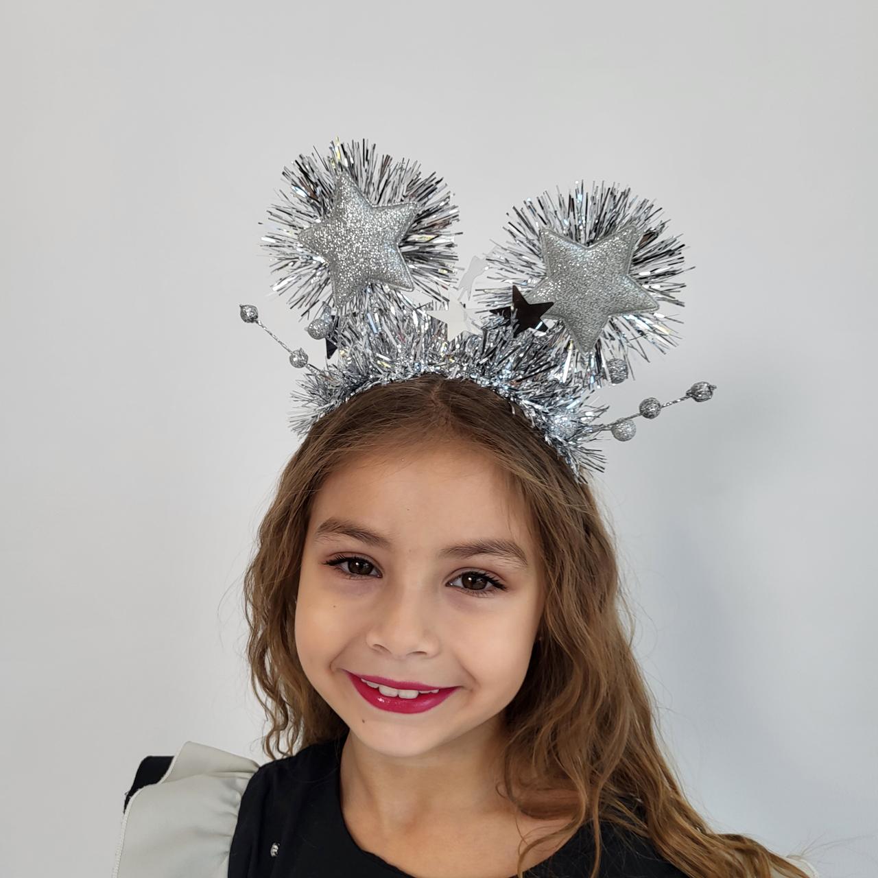 Новорічний обруч для дітей від 3 років із великими срібними зірками та срібною мішурою | Святковий дитячий аксесуар, фото 1