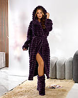 Дуже ніжний та м'який жіночий довгий махровий халат з капюшоном + чобітки (р.42-60). Арт-4808 баклажан