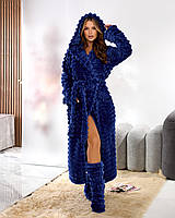Дуже ніжний та м'який жіночий довгий махровий халат з капюшоном + чобітки (р.42-60). Арт-4808 синій