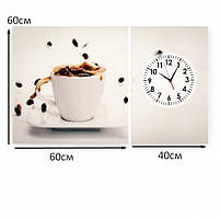 Модульна картина з годинником «Чашка кави» Настінний декор для кухні Дрк на полотні 100х60 см з 2х частин, фото 5