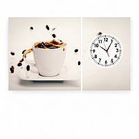 Модульна картина з годинником «Чашка кави» Настінний декор для кухні Дрк на полотні 100х60 см з 2х частин, фото 2