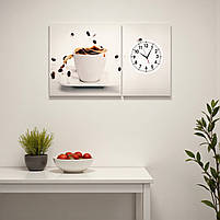 Модульна картина з годинником «Чашка кави» Настінний декор для кухні Дрк на полотні 100х60 см з 2х частин, фото 3