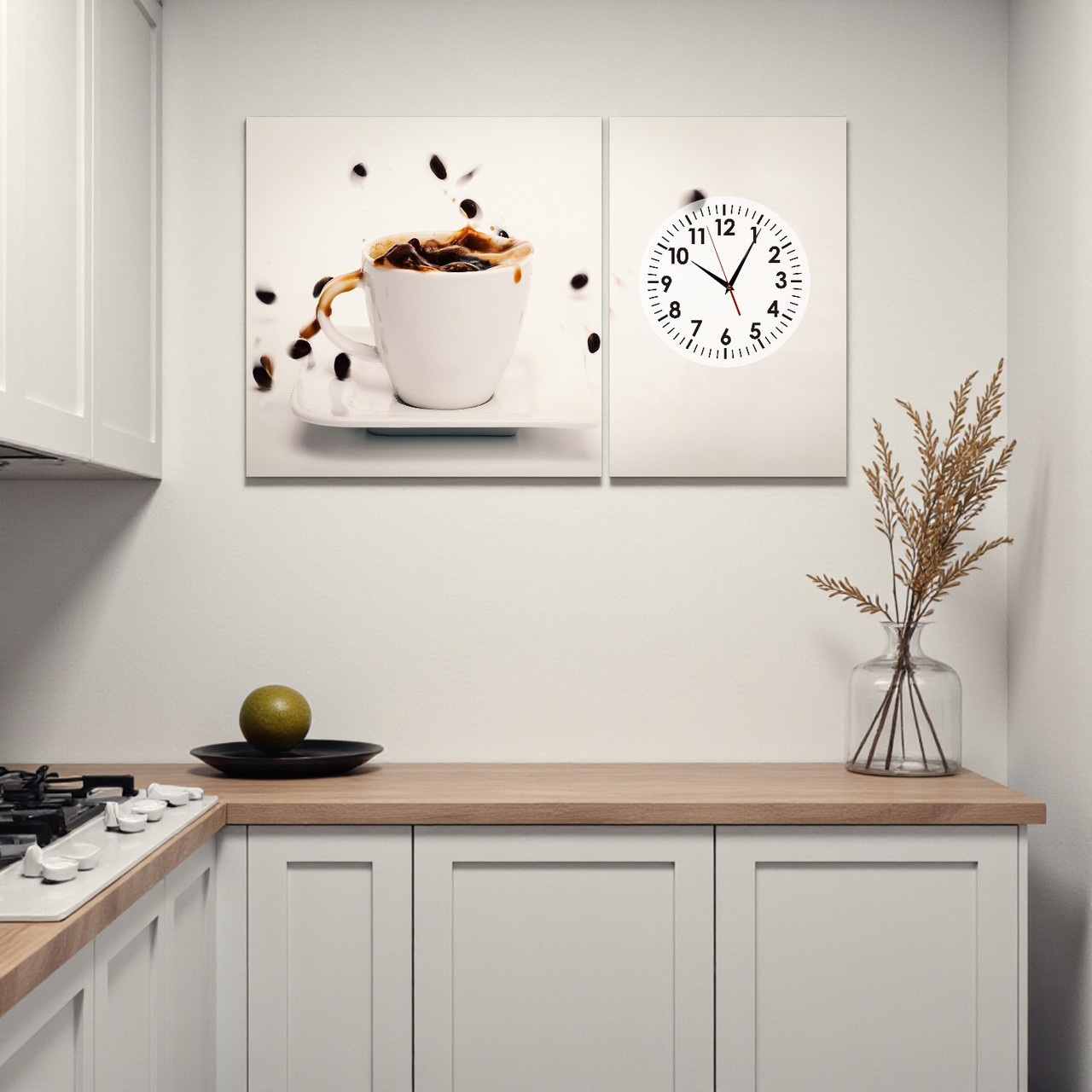 Модульна картина з годинником «Чашка кави» Настінний декор для кухні Дрк на полотні 100х60 см з 2х частин, фото 1