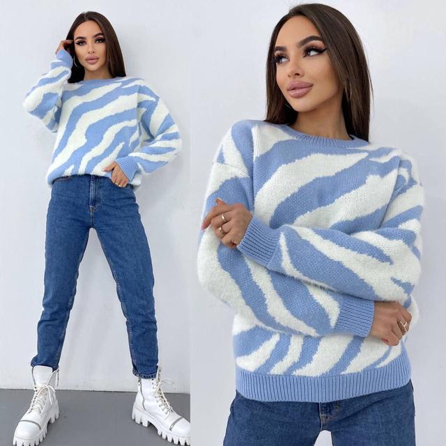 светр білий блакитний в смужку зебра вовняний