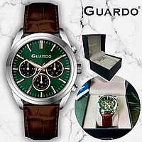 Часы классика мужские наручные на кожаном ремешке коричневом кварцевые зелёный циферблат дата Guardo 012836-2