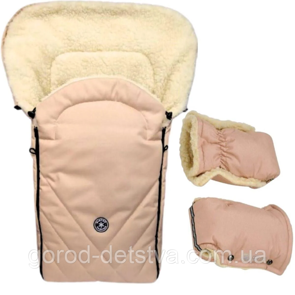 Комплект зимовий конверт чохол на овчині в коляску люльку санки Winter For Kids і рукавички для батьків, фото 1