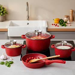 Набір каструль із скороводкою 9 предметів, Bellmax Cookware Set BM-120, Червоний / Набір посуду / Каструлі