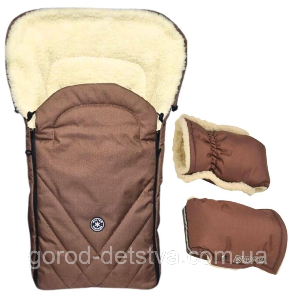 Комплект зимовий конверт чохол на овчині в коляску люльку санки Winter For Kids і рукавички для батьків, фото 1