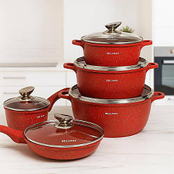 Набір каструль із скороводкою 12 предметів, Bellmax Cookware Set BM-100, Червоний / Каструлі кухонні / Набір посуду