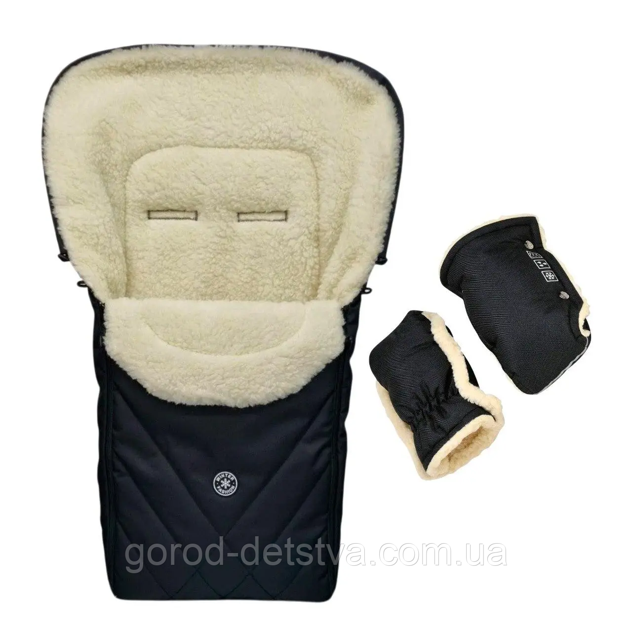 Комплект зимовий конверт чохол на овчині в коляску люльку санки Winter For Kids і рукавички для батьків, фото 1
