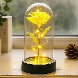 Троянда в колбі з LED-підсвіткою, на батарейках, 15х8.5 см, Жовта/Вічна троянда/Квітка в колбі