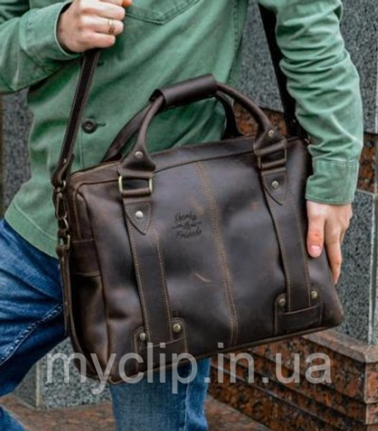 Чоловічі ділові сумки, ділові сумки для документів А4, чоловічий шкіряний діловий портфель коричневий 46 см*35 см, фото 1