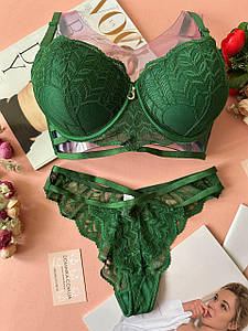 75/80/85C Молодіжний ажурний комплект білизни push-up бюстьє + танга зелений