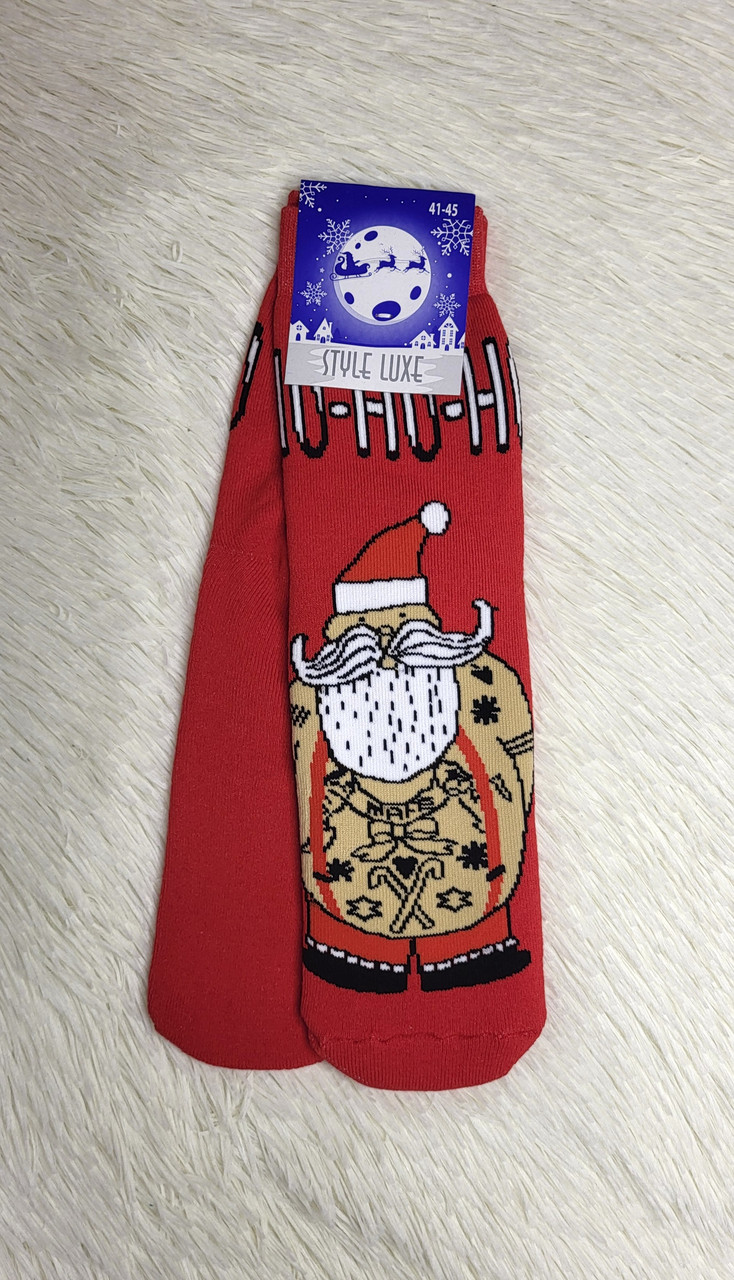 Теплі Чоловічі махрові шкарпетки з Новорічним малюнком Санта тату, різні кольори 41-45