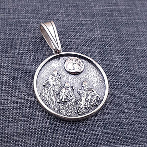 Чоловічий срібний кулон вовки виють на місяць. Оберіг талісман із срібла 925