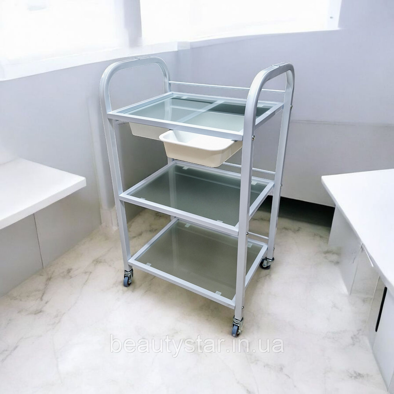 Візок косметологічний стоматологічний з 2 лоточками ST-042 білий столик для лешмейкера етажерка, фото 1