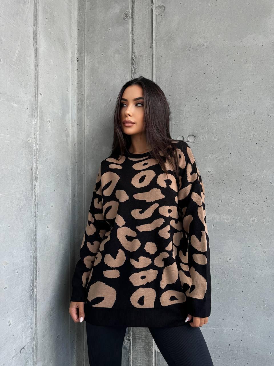 Жіночий oversize светр подовжений з леопардовим принтом — бежевий, чорний, сірий, Туреччина, фото 1