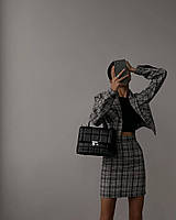 Женский демисезонный костюм в клетку короткий пиджак с пуговицами и прямая юбка на подкладке размеры 42-48