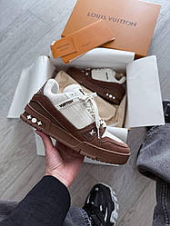 Чоловічі спортивні кросівки Louis Vuitton Trainer Sneaker Brown (біло-коричневі) стильні повсякденні кроси 1AGZCC Луї Віттон