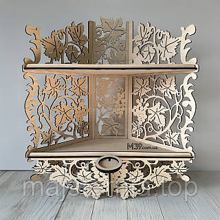 Полочка для иконы. Иконостас домашний угловой с виноградом и подсвечником, размер - s, цвет - чистое дерево