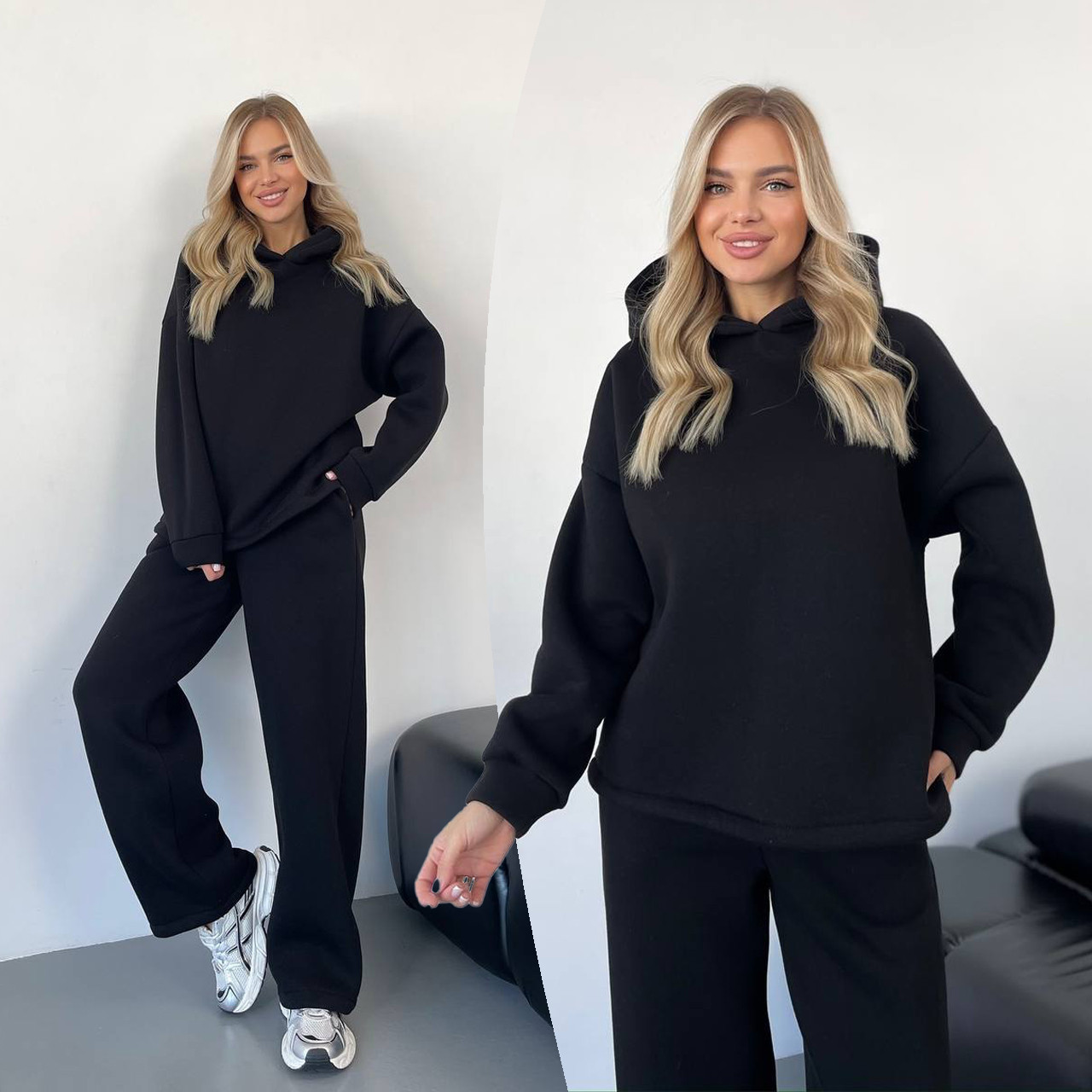 Чорний жіночий теплий костюм "Oversize" на флісі — Турецька тринитка "Пеньє" (Не кашлатиться), фото 1