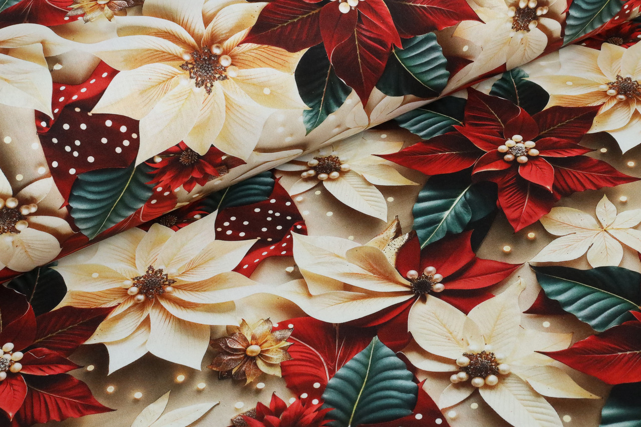 Ранфорс Квіти різдвяника молочно-червоні 5D цифровий друк, ширина 240 см