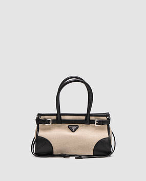 💎 Prada Bonnie Small Handbag in Canvas and Leather Beige/Black 26 х 15 х 9 см