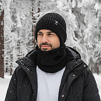 Комплект в'язана шапка зі снудом чорний чоловічий 56-58, зимова тепла шапка з підкладкою на флісі