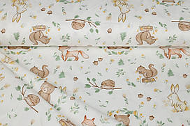 Сатин-твіл Звірятка на галявині з віночками і жолудями