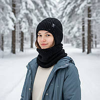 Зимова шапка і бафф комплект,тепла жіноча шапка на зиму осінь,шапка жіноча чорна і снуд