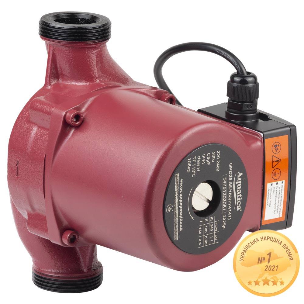 Насос циркуляційний 245Вт Hmax 8м Qmax 200 л/хв Ø11⁄2" 180 мм + гайки Ø1" AQUATICA (774141), фото 1