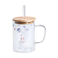 Чашка скляна з дерев'яною кришкою та трубочкою HP7214B