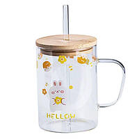 Чашка скляна з дерев'яною кришкою та трубочкою HP7214C
