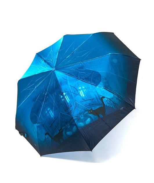 Парасолька Frei Regen №3056 автомат жіночий на 9 спиць із зображенням котів у нічному місті на куполі Блакитна, фото 1