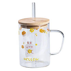 Чашка скляна з дерев'яною кришкою та трубочкою HP7214C