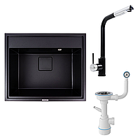 Комплект: Мийка гранітна 6050 SHERLIT VALESO + Змішувач Q411MB + Сифон (Чорний)